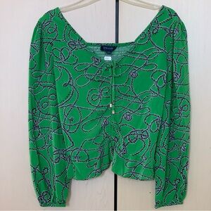 Tommy Hilfiger Top Women's Long Sleeve V Neck Smocked Back Crop Green Size S‎